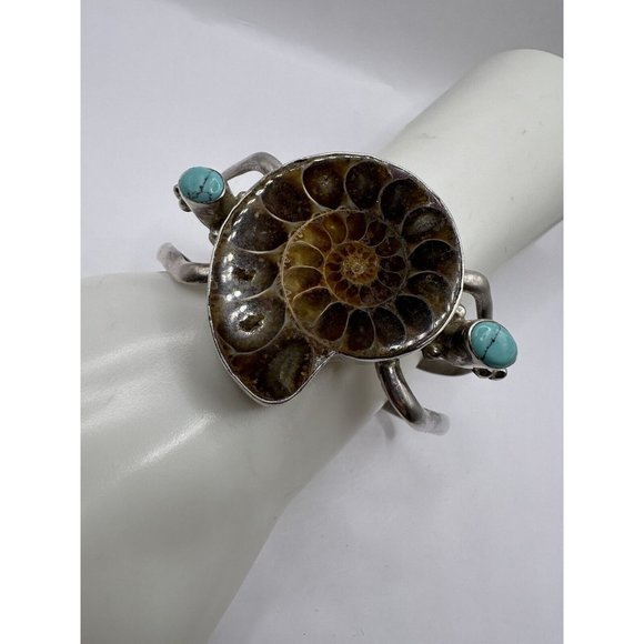 Native American Sterling Silver Statement Cuff Fossilized Nautilus w/ Turquoise - Picture 4 of 13